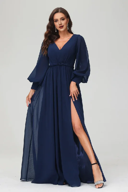 Women's Weekend Outfit Evening Dress A-Line V-neck Long Sleeves Floor Length Dress Side Fork Elegant Exquisite Formal Women's Dresses Wedding Guest Dresses