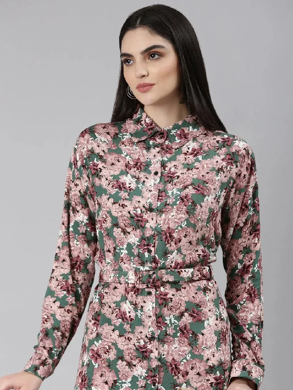 Comfortable Women's Attire Women Green Floral Shirt Dress-AE-4232-Green