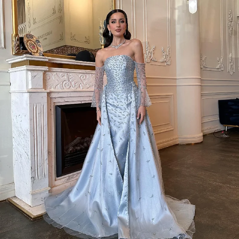 Women's Travel Garments Said Arabic Silver Gray Luxury Dubai Evening Dresses with Overskirt Sleeves Woman Wedding Party Prom Formal Gowns