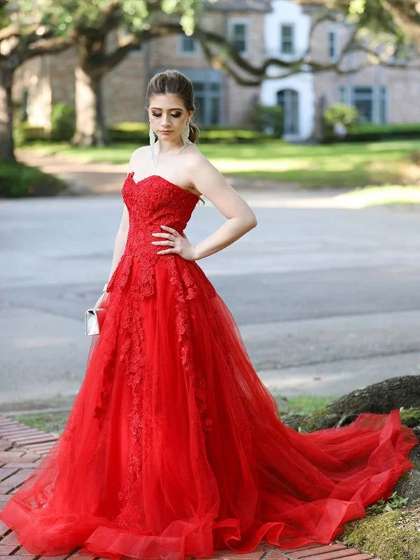 Women's Plus-Size Garments Red Color Lace Newest Prom Dresses, Floral Elegant Tulle Prom Dresses, Popular Long Prom Dresses