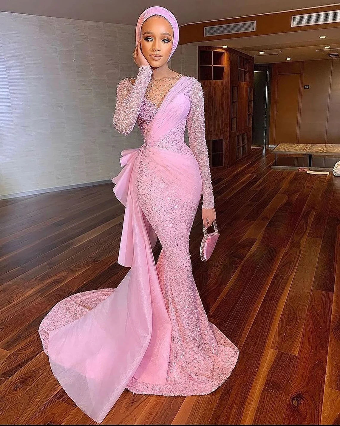 Stylish Women's Attire Pink wedding dress,African fully beaded women clothing dress,Prom dress, Birthday,Evening dress,Party ball dress,Wedding guest,Red Carpet dr