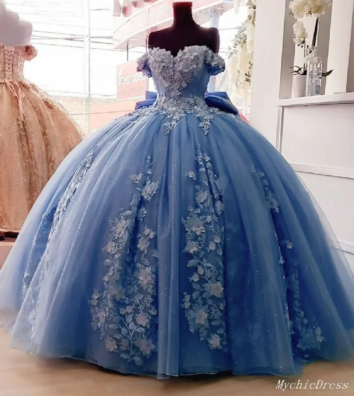 Women's Party Outfit Cheap Dusty Blue Quinceanera Dresses Floral Sweet 16 Princess Dresses