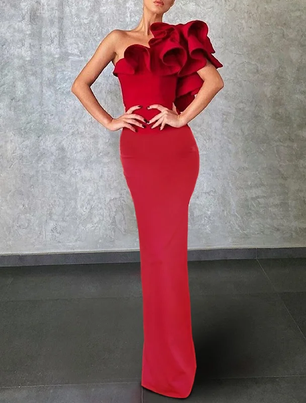 Casual Chic Clothing For Women Mermaid Christmas Red Green Dress Evening Gown Celebrity Style Dress Formal Wedding Guest Floor Length Sleeveless One Shoulder Stretch Fabric with Ruffles