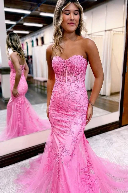 Women's Stylish Professional Garments Hot Pink Floral Lace Long Prom Dress Mermaid Sweetheart Graduation Dresses