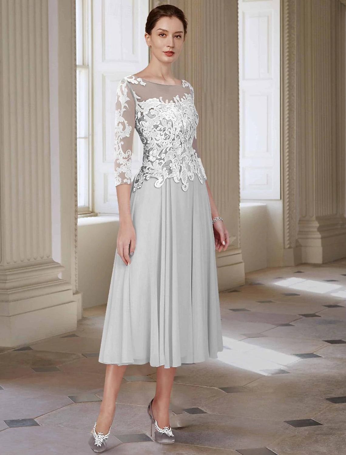 Women's Fashionable Clothing Sets Formal Wedding Guest Elegant Jewel Neck Asymmetrical Ankle Length Chiffon Lace 3/4 Length Sleeve with Appliques Mother of the Bride Dress