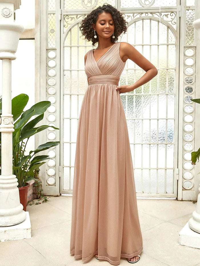 Women's Casual Attire Maxi Double V Neck Floor Length Sparkly Wedding Guest Dress