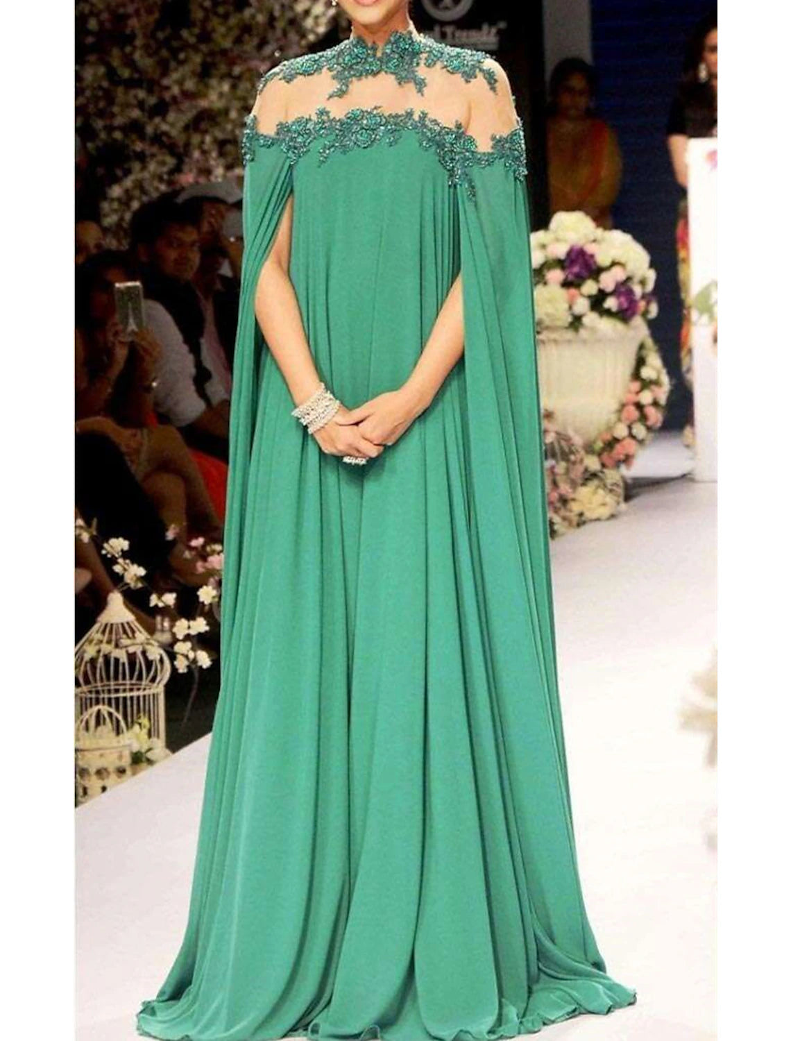 Casual Garments For Women A-Line Evening Gown Elegant Dress Formal Wedding Guest Christmas Red Green Dress Floor Length Sleeveless High Neck Fall Wedding Guest Chiffon with Appliques Pure Color