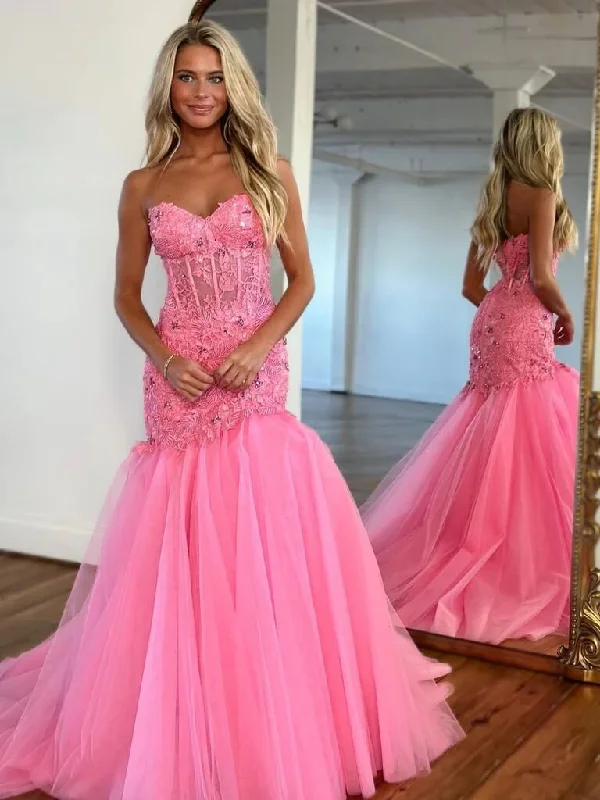 Affordable Luxury Women's Garments Hot Floral Long Corset Prom Dresses Mermaid Pink Lace Formal Dress Strapless