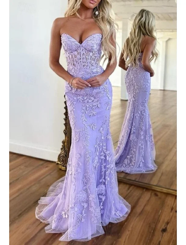 Chic Women's Garments Mermaid / Trumpet Glittering Dress Sleeveless Strapless Lace Backless Prom Dresses with Appliques Fall November December Wedding Guest Dress