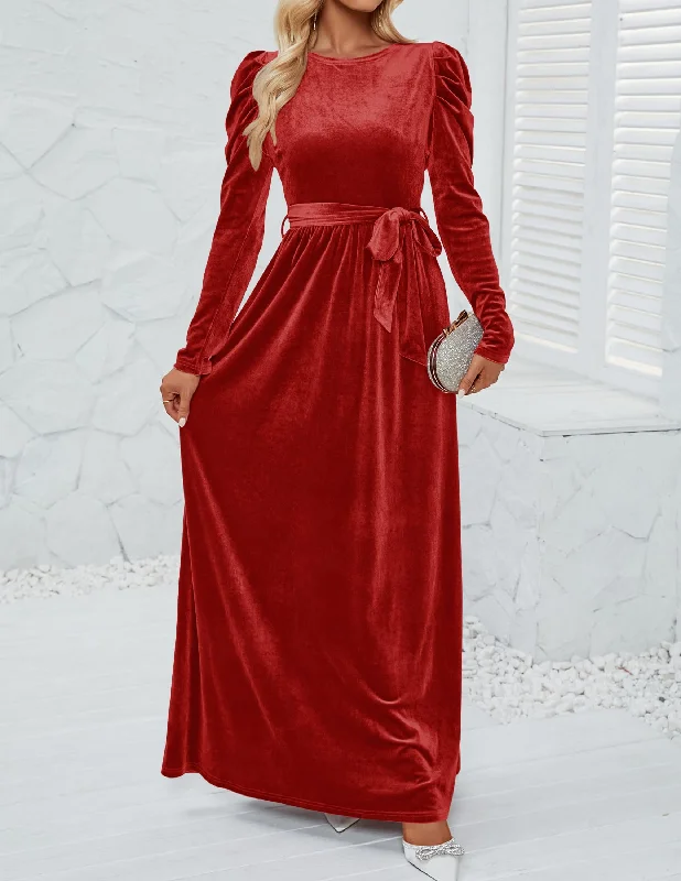 Women's Apparel And Garments Evening Dress Women's Velvet Maxi Dress Long Puff Sleeve Crew Neck Formal Wear Dresses Wedding Guest Dress