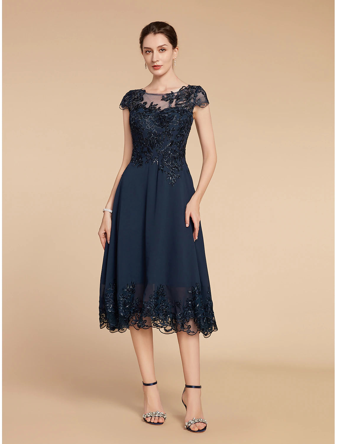 Trendy Athleisure Clothing For Women Formal Wedding Guest Elegant Vintage Scoop Neck Tea Length Lace 3/4 Length Sleeve with Sequin Appliques Mother of the Bride Dress