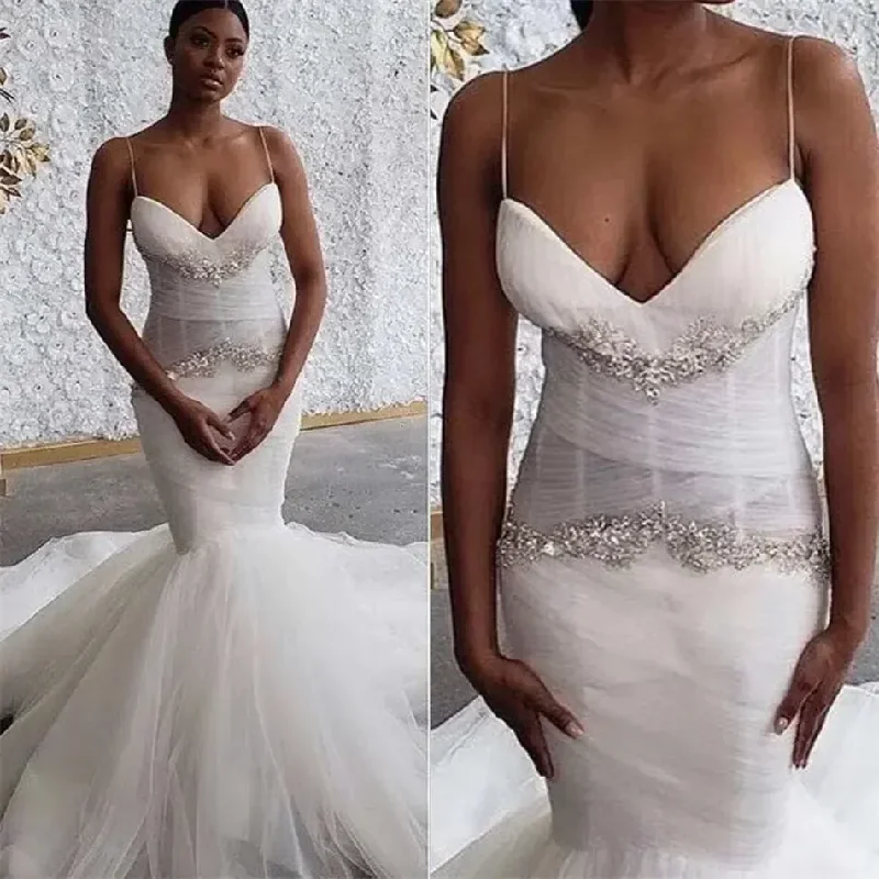 Women's Professional Apparel Sexy Spaghetti Straps Mermaid Wedding Dresses For Women Ruched Tulle Beaded Luxury Bridal Gowns Vestidos De Novia 2024 Custom