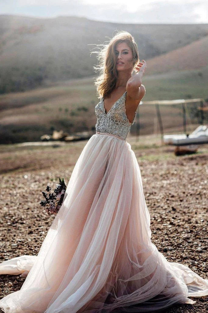 Women's Plus-Size Casual Outfit Pink Beads A Line V- Neck Sexy Tulle Long Sleeveless Beach Wedding Dresses Prom Dresses