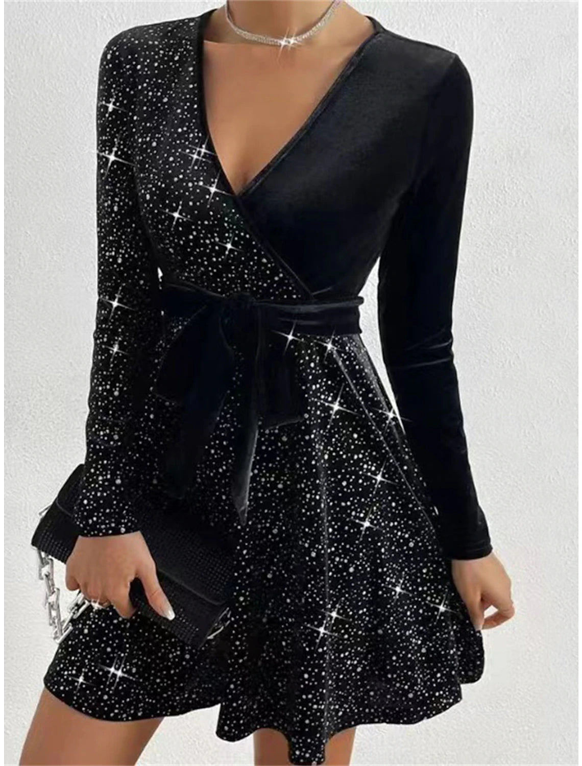 Women's Vintage-Inspired Clothing Women‘s Party Dress Sequin Dress Black Dress Velvet Dress Homecoming Dress Mini Dress Long Sleeve Pure Color Beads Fall Winter Autumn V Neck Fashion Winter Dress Wedding Guest Birthday Slim