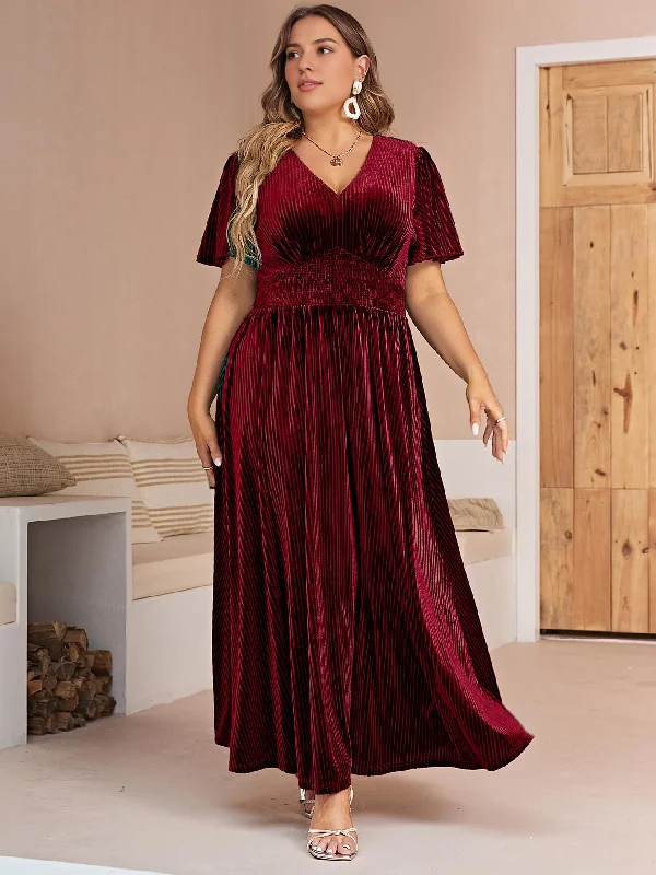 Women's Luxury Apparel Evening dress Women’s V Neck Velvet Maxi Dress Short Sleeve Empire Waist Long plus size Formal Wear Dresses Wedding Guest Dress