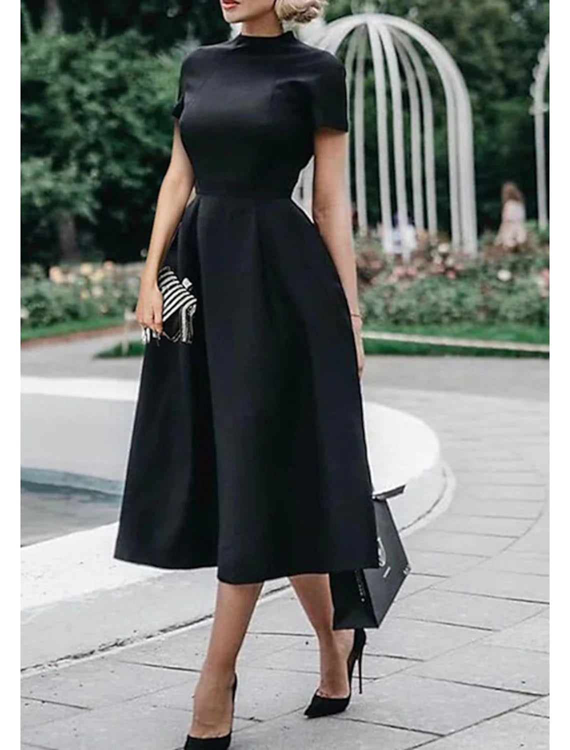 Women's Everyday Attire A-Line Wedding Guest Dresses Minimalist Dress Party Dress Wedding Party Tea Length Short Sleeve High Neck Stretch Satin with Pleats Pure Color