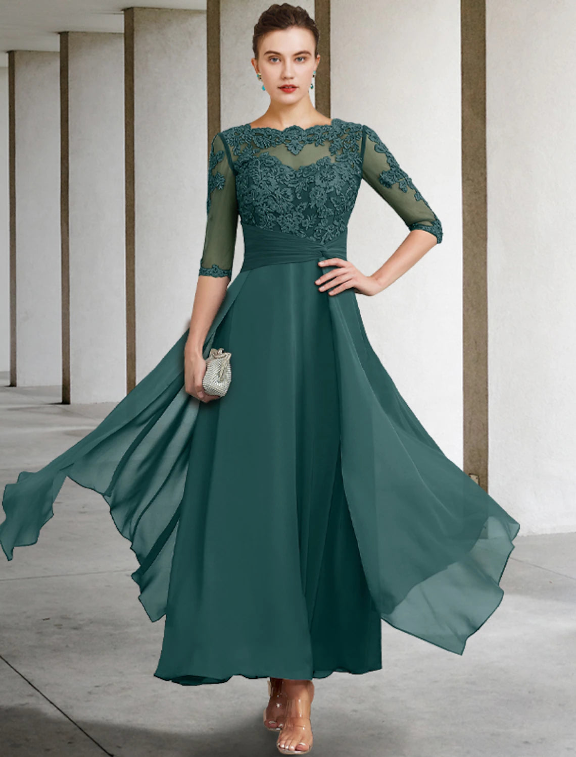 Formal Clothing For Women Wedding Guest Elegant Plus Size Jewel Neck Ankle Length Chiffon Lace Half Sleeve with Ruched Beading Appliques Mother of the Bride Dress