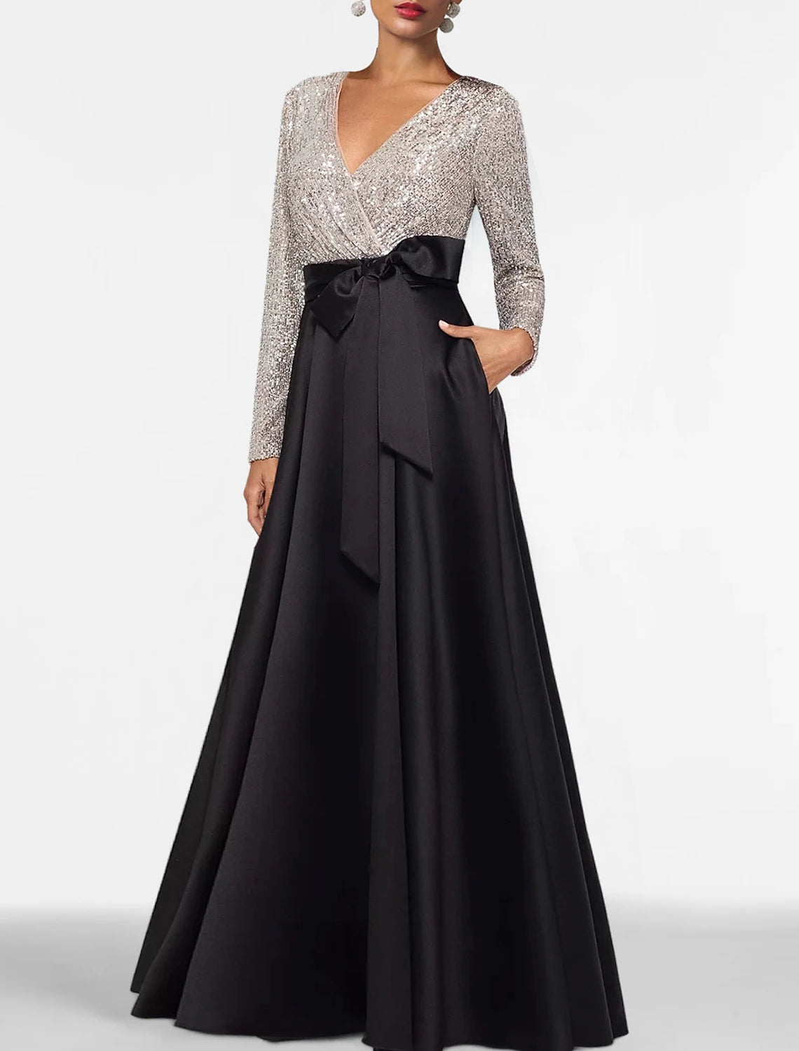 Women's Relaxed Clothes Formal Floor Length Long Sleeve V Neck Fall Wedding Guest Satin with Sequin Pocket Evening Gown Elegant Dress