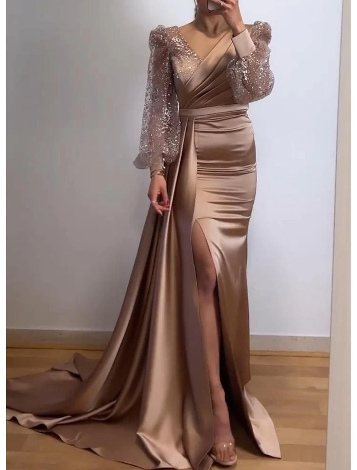 Women's Comfortable Garments Mermaid / Trumpet Evening Gown Sparkle & Shine Dress Formal Court Train Long Sleeve V Neck Fall Wedding Guest Charmeuse with Sequin Slit