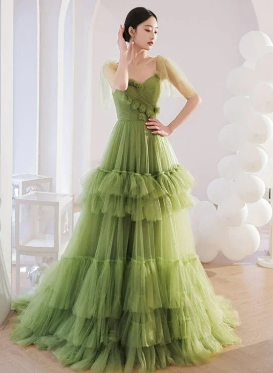 Women's Vacation Outfit Light Green Layers Tulle Sweetheart Long Formal Dresses, Tulle Wedding Party Dresses    S1237