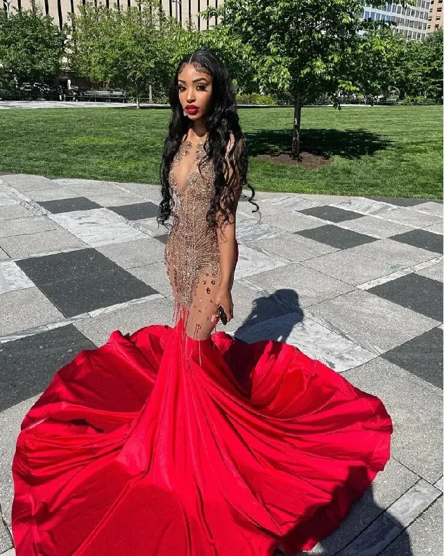 Chic Women's Garments Red Gold Mermaid Prom Dress 2024 Glitter diamond Crystal Beads Feathers Wedding Party Evening Gown Robe De Bal Custom