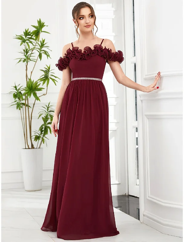 Women's Functional Apparel For Outdoor Activities A-Line Prom Dresses Vintage Dress Wedding Guest Floor Length Sleeveless Off Shoulder Chiffon with Appliques Shouder Flower