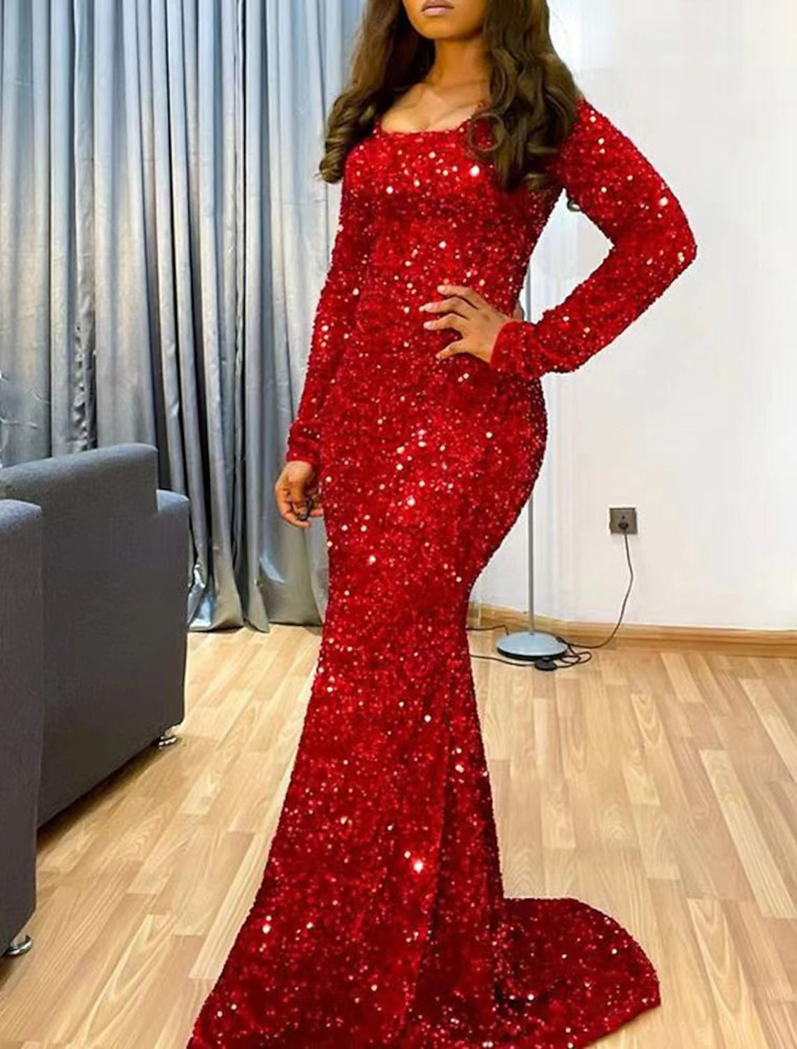 Stylish Women's Garments Mermaid Evening Gown Sparkle Christmas Red Green Dress Dress Formal Wedding Guest Sweep / Brush Train Long Sleeve Scoop Neck Sequined with Sequin