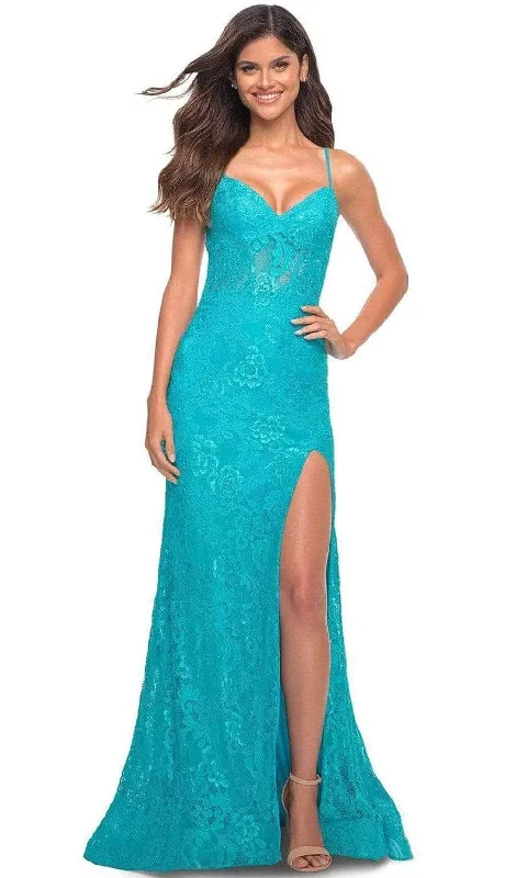 Women's Vacation Outfit La Femme - 30171SC - Embroidered Sleeveless Prom Gown