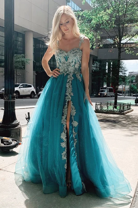 Women's Clothing Apparel Turquoise Tulle Floral Appliques Sweetheart A-Line Prom Gown