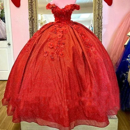 Sustainable Fashion Clothing For Women 2025 Red Sweet 16 Dress Off The Shoulder Sequin Quinceanera Dresses 3d Floral