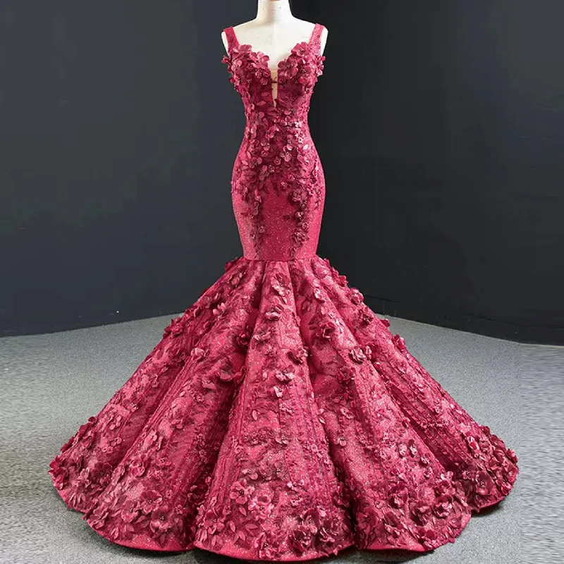 Women's Clothing With Trendy Designs Deep V 3D Floral Burgundy Trumpet Evening Dress Prom Gown