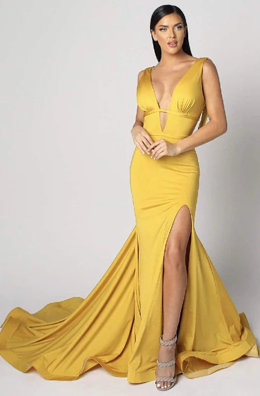 Women's Formal Event Outfit Nicole Bakti - 6989 Plunging Neck High Slit Long Train Mermaid Gown