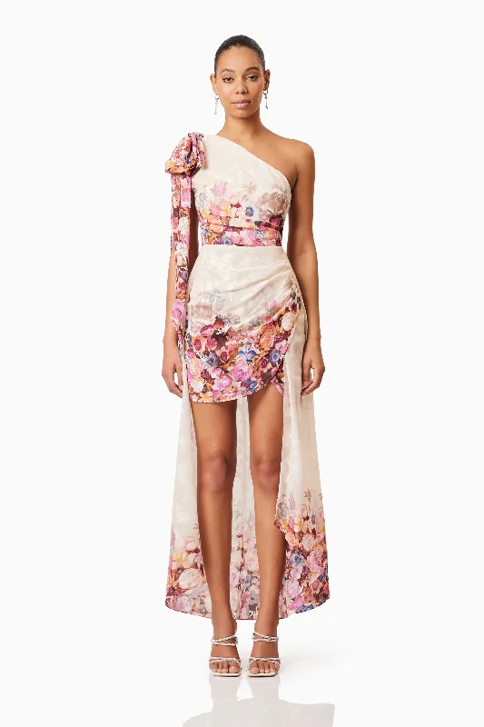 Women's High-Fashion Outfit Perla Hilo One Shoulder Gown in Floral