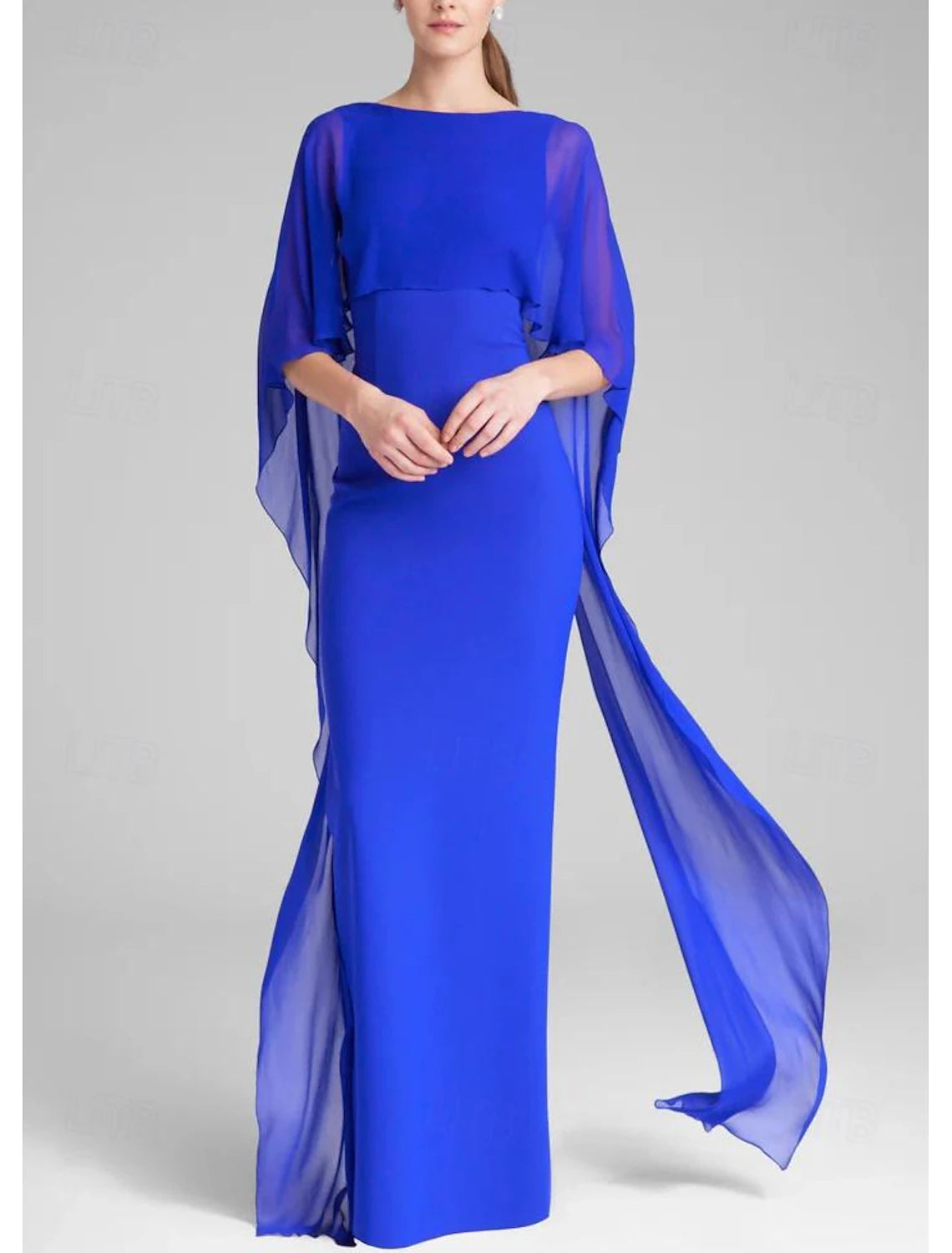 Women's Transitional Apparel Gown Elegant Formal Wedding Guest Floor Length Short Sleeve Jewel Neck Capes Stretch Chiffon with Shawl Evening Dress