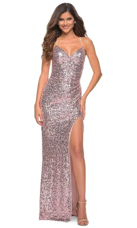 Women's Chic Apparel La Femme - 29896 V Neck Sequined Slit Gown