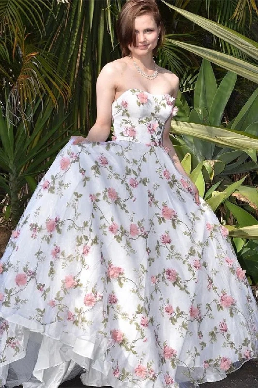 Casual Apparel For Women White 3D Floral Lace Strapless A-Line Long Prom Dress