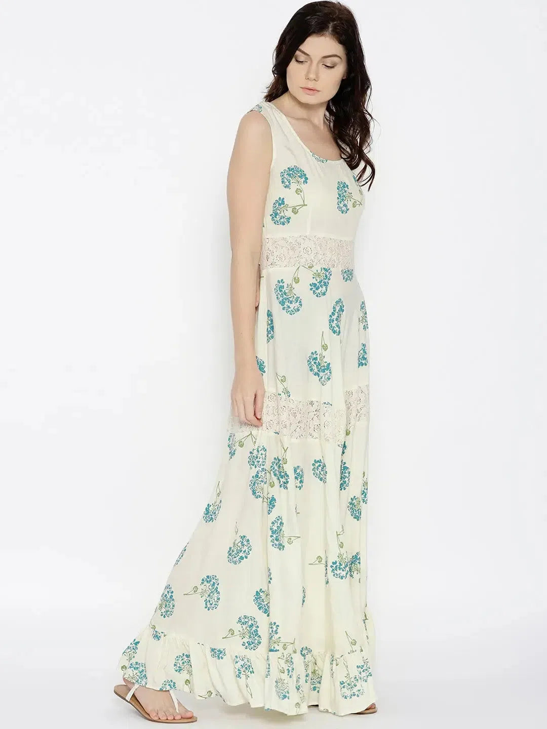 Women's Activewear Apparel Floral printed maxi dress with lace inserts with Blue Print