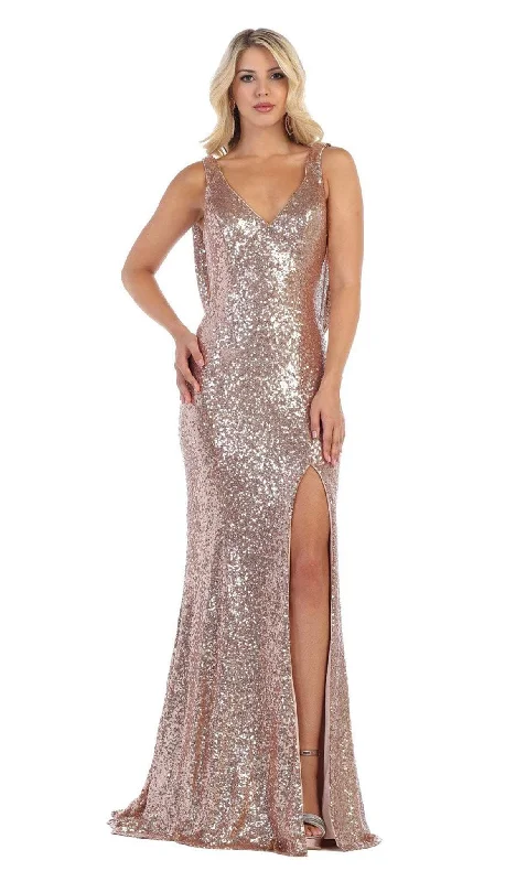 Women's Outfit For The Office May Queen - RQ7676 Cowl Draped Strappy Sequined Gown