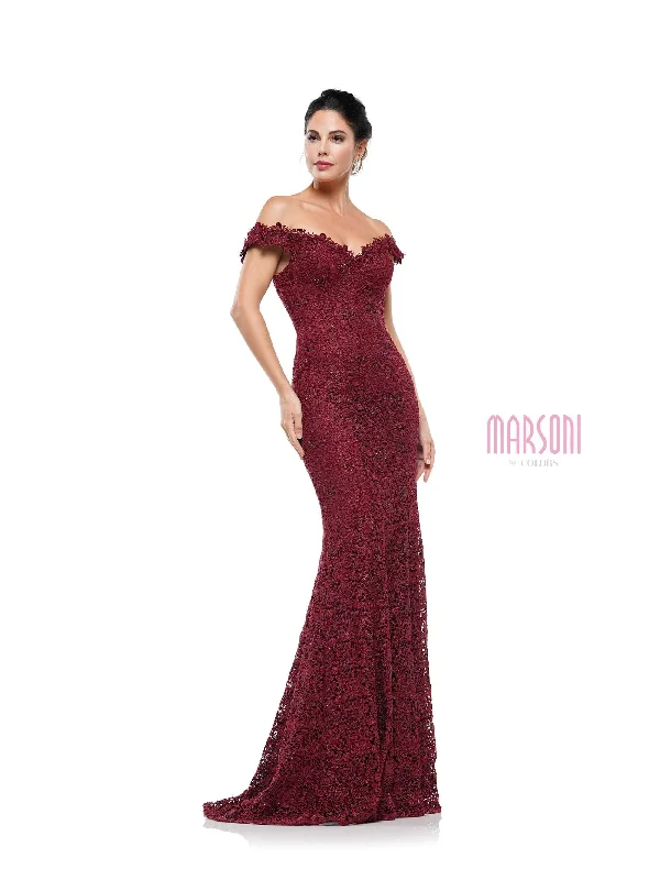 Women's Stylish Casual Garments Marsoni by Colors - Off Shoulder Sheath Lace Gown M221