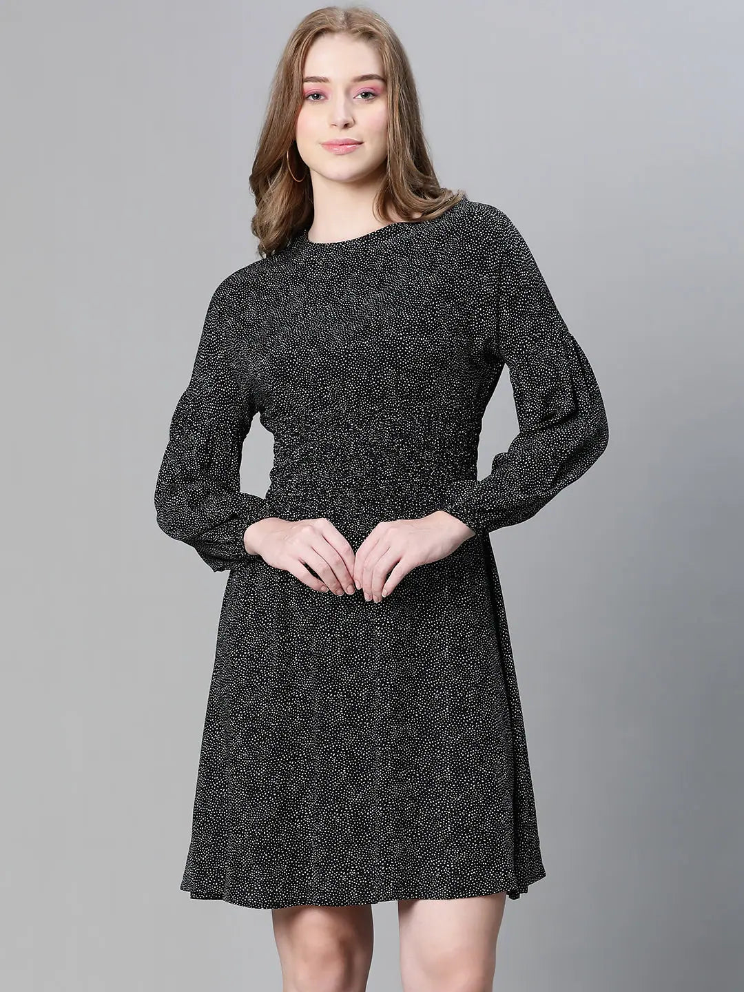 High-Fashion Women's Clothing Women black floral print round neck smocked long sleeve flared dress