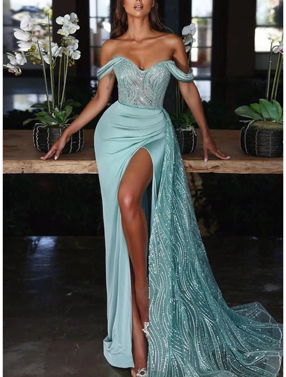 Women's Clothes For Special Occasions Mermaid Dress Formal Wedding Guest Court Train Sleeveless Off Shoulder with Ruched Sequin Slit Evening Gown Dress