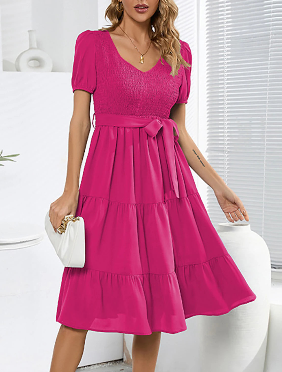 Women's High-Fashion Attire A-Line Cocktail Dresses Party Dress Wedding Guest Cocktail Party Knee Length Short Sleeve Jewel Neck Belt / Sash Spandex with Pleats Ruched