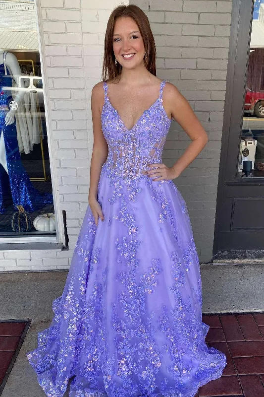 Women's Clothing For Outdoor Activities Lavender Floral Lace V-Neck A-Line Prom Gown