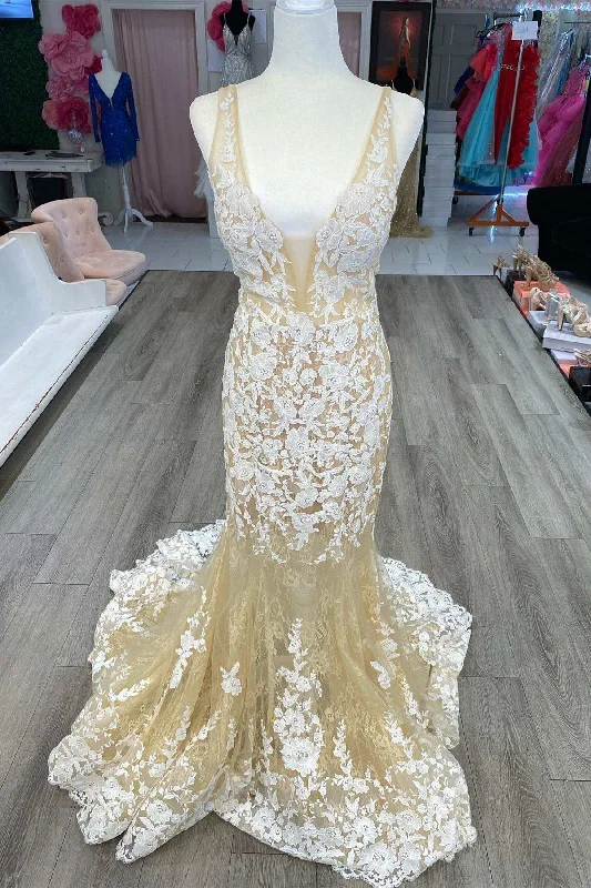 Women's Formal Clothes Light Yellow Floral Lace Plunge V Trumpet Long Prom Gown