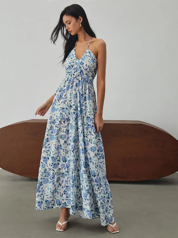 Women's Casual Wear Clothing Floral Print Halter Long Dress