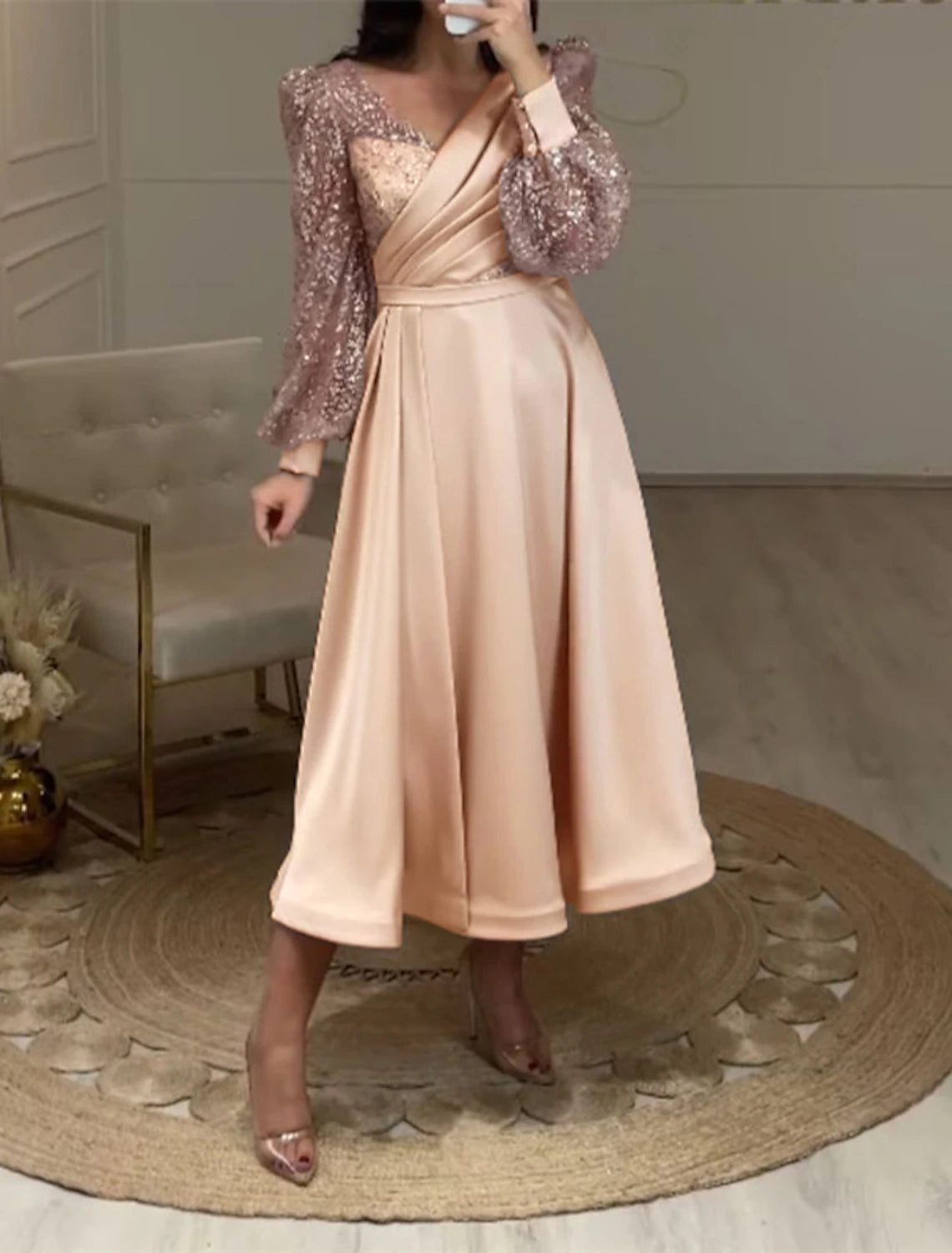 Women's Effortless Casual Outfit A-Line Cocktail Dresses Elegant Dress Wedding Guest Party Wear Tea Length Long Sleeve V Neck Fall Wedding Guest Satin with Ruched