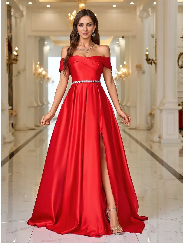 Women's Occasion Wear Clothing Evening Dress A-Line Formal Christmas Sweep Train Long Sleeve Off Shoulder Pocket Satin with Rhinestone Elegant Fall November December Wedding Guest Dress