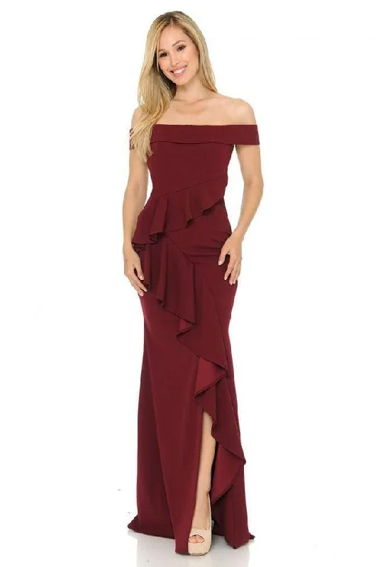 Luxury Women's Clothes Lenovia - 5207 Off Shoulder Ruffle Drape Gown with Front Slit