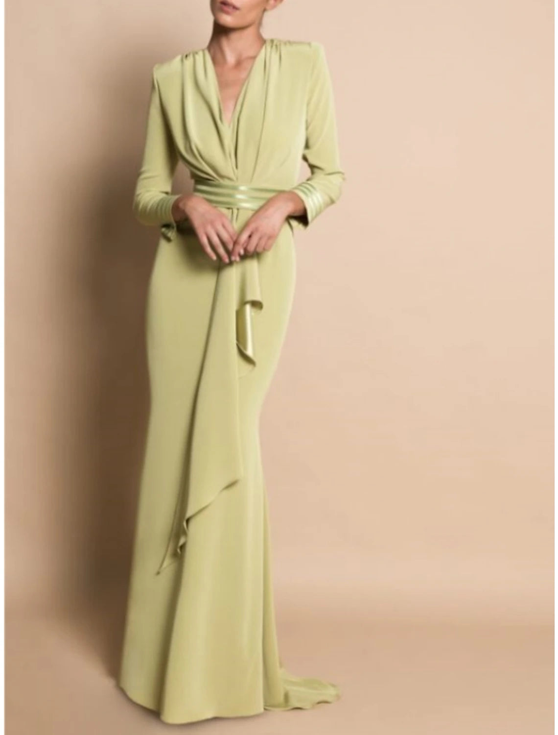 Women's Formal Event Outfit Sheath / Column Mother of the Bride Dress Formal Fall Wedding Guest Party Elegant V Neck Sweep / Brush Train Stretch Chiffon Long Sleeve with Draping Ruching