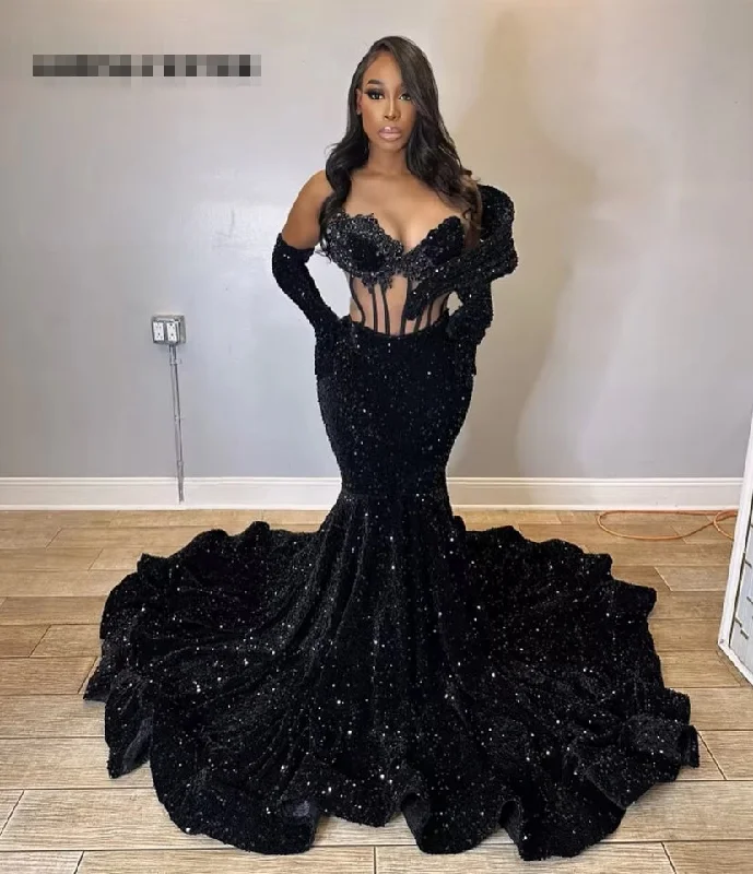 Stylish Women's Garments For Holidays Sexy Black Sequin See Thru Mermaid Long Prom Dresses With Gloves Halloween Afican Elegant Dress For Wedding Party Evening Gowns